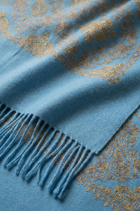 Γαλάζια εσάρπα με χρυσό διακοσμητικό μοτίβο και κρόσσια, απαλή υφή, 70x190 εκ., 100% Polyester