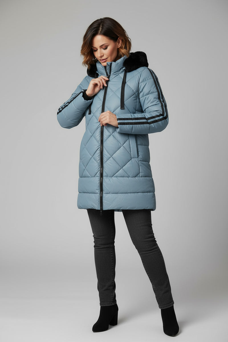 Γαλάζιο καπιτονέ μπουφάν με κουκούλα και ρίγες στα μανίκια – Ellisargi Boutique