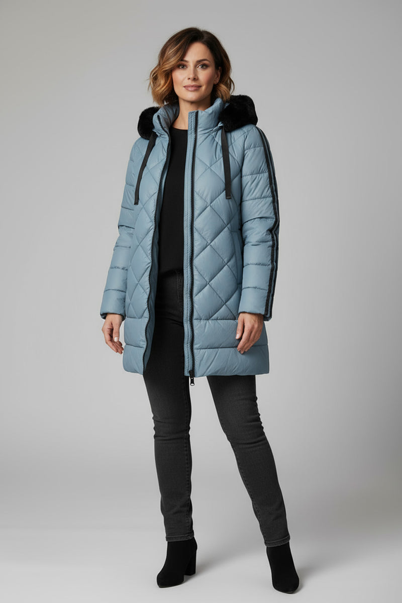 Γαλάζιο καπιτονέ μπουφάν με κουκούλα και ρίγες στα μανίκια – Ellisargi Boutique