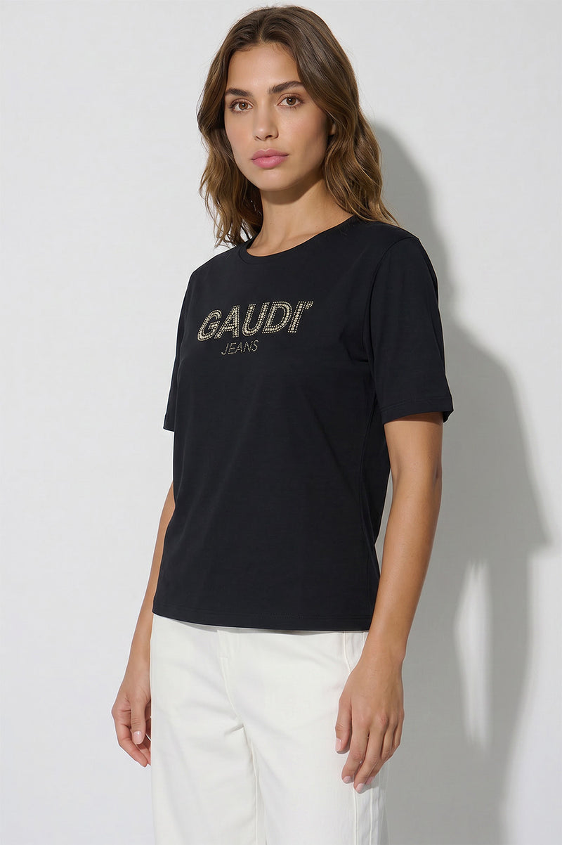 Γυναικείο μαύρο T-shirt GAUDÌ με λογότυπο από στρας στο μπροστινό μέρος και κοντά μανίκια.