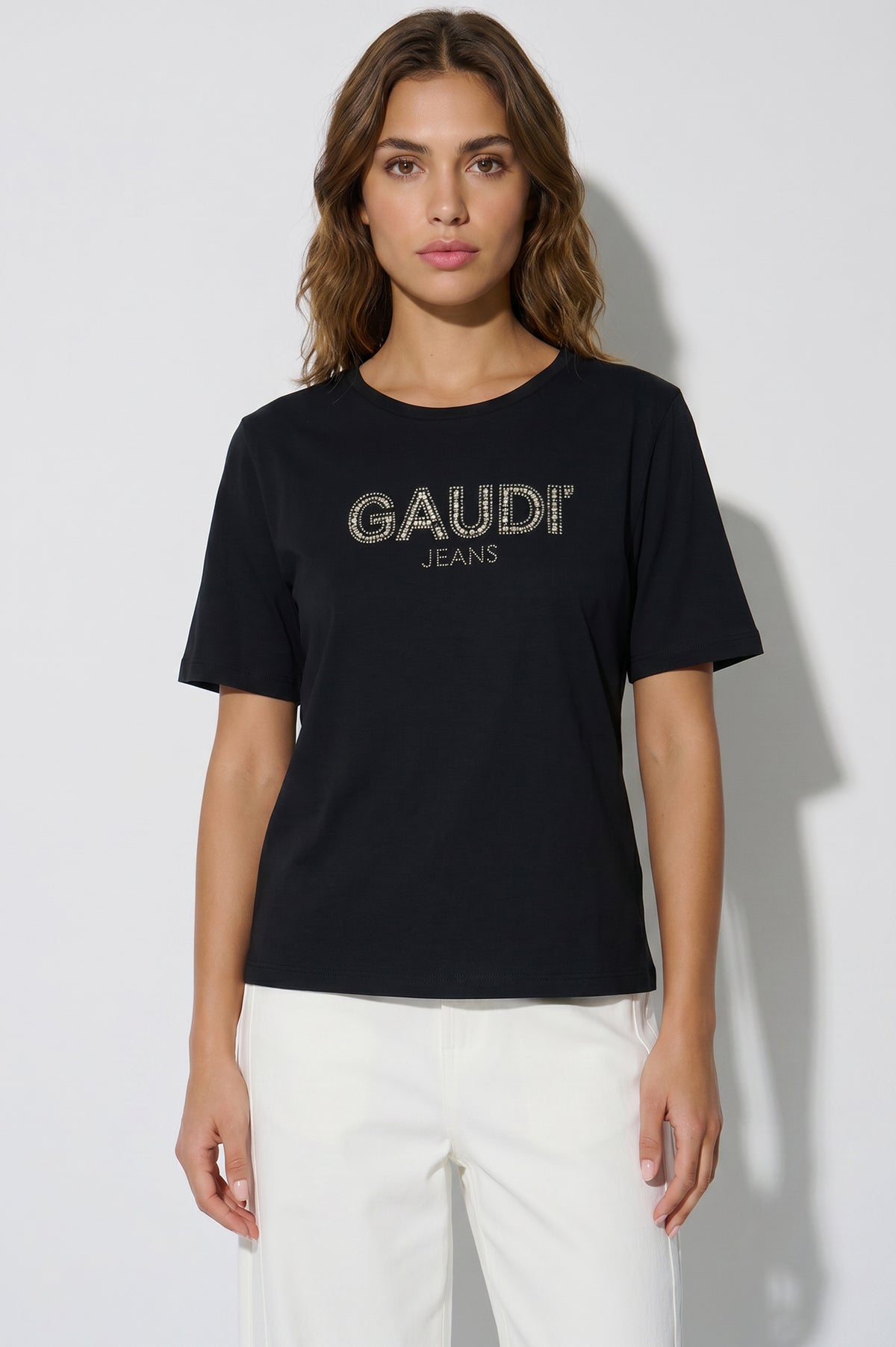Γυναικείο μαύρο T-shirt GAUDÌ με λογότυπο από στρας στο μπροστινό μέρος και κοντά μανίκια.