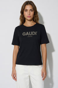 Γυναικείο μαύρο T-shirt GAUDÌ με λογότυπο από στρας στο μπροστινό μέρος και κοντά μανίκια.