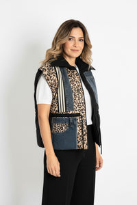 Γιλέκο one size με denim και leopard λεπτομέρειες, με τσέπες και φερμουάρ, καλύπτει στήθος 135 εκ.