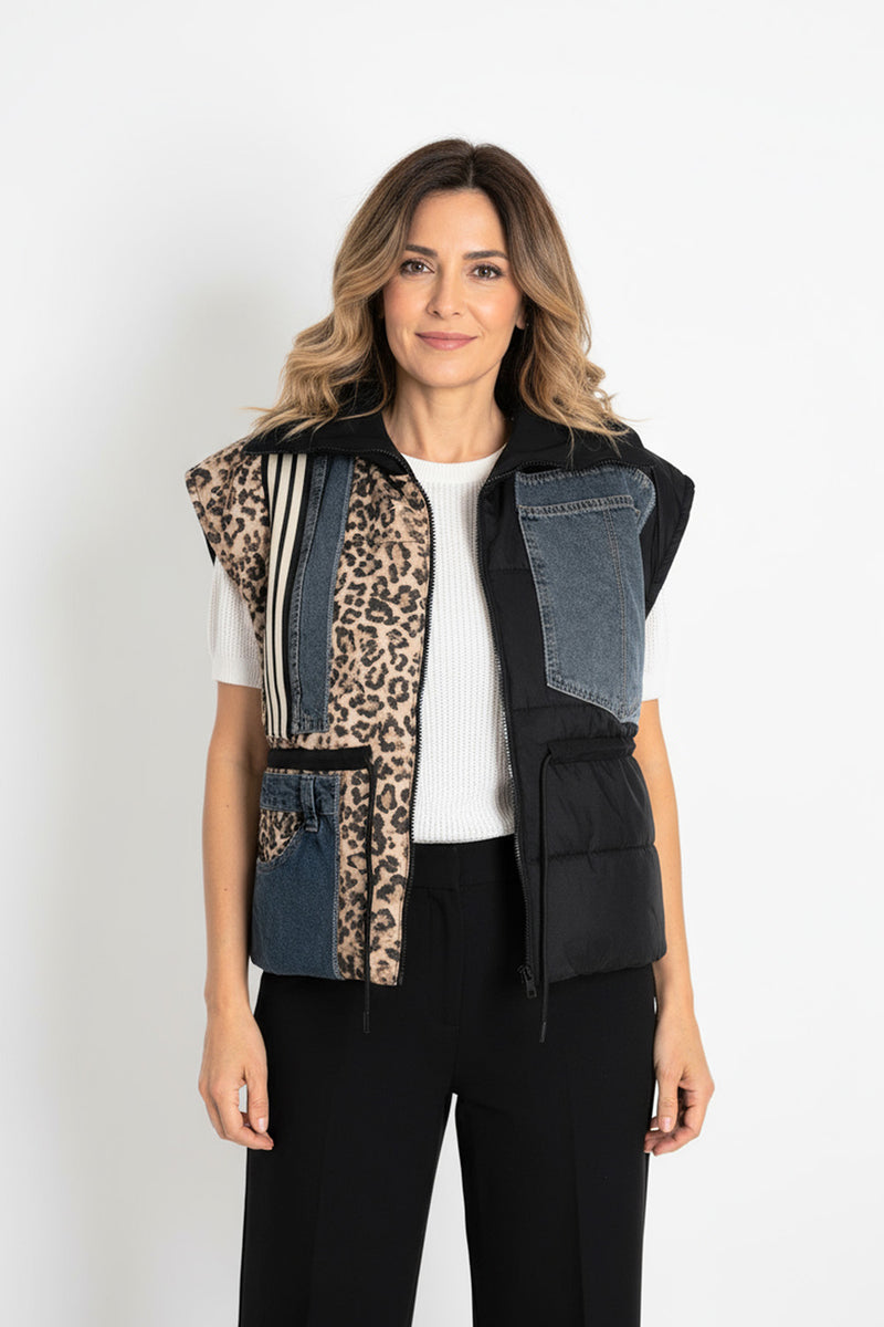 Γιλέκο one size με denim και leopard λεπτομέρειες, με τσέπες και φερμουάρ, καλύπτει στήθος 135 εκ.