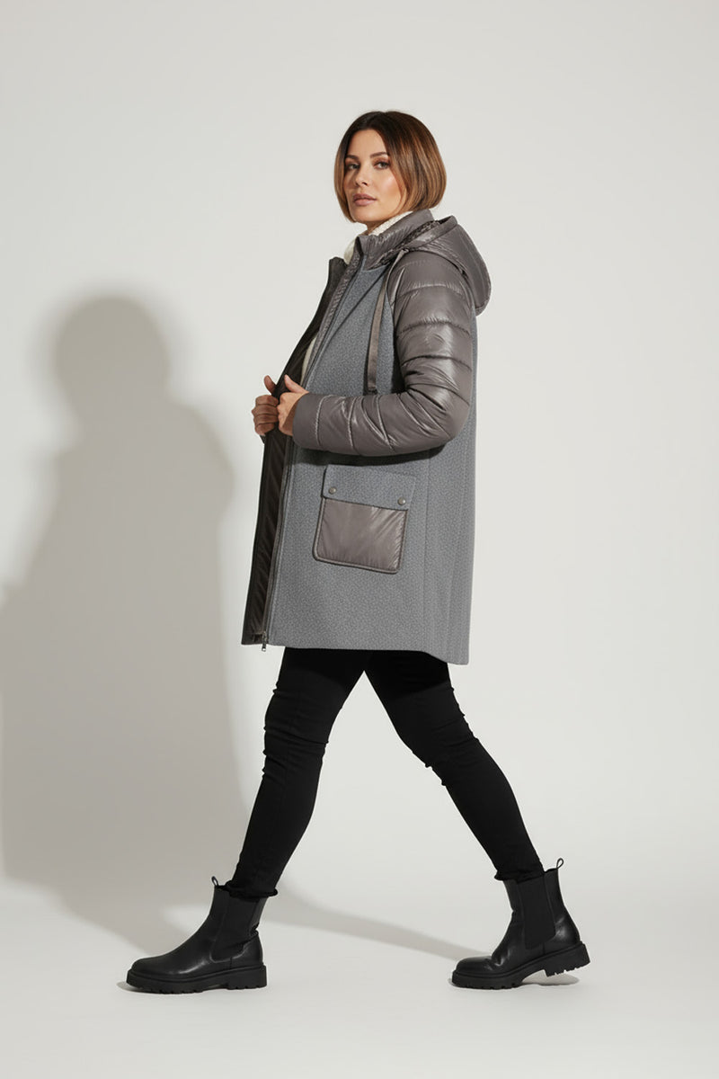 Γκρι μπουφάν με κουκούλα και υφασμάτινες λεπτομέρειες