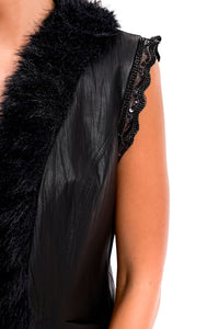 Γιλέκο μαύρο με γούνα και δαντέλα με στρας στις μανικοκόψεις, γυναικείο γιλέκο Ellisargi Boutique