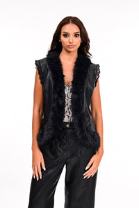 Γιλέκο μαύρο με γούνα και δαντέλα με στρας στις μανικοκόψεις, γυναικείο γιλέκο Ellisargi Boutique