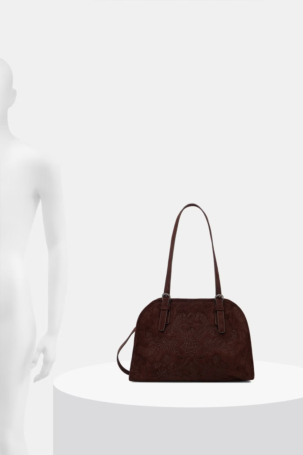 Γυναικεία  τσάντα ώμου suede look με ανάγλυφα κεντημένα μοτίβα και ρυθμιζόμενα χερούλια