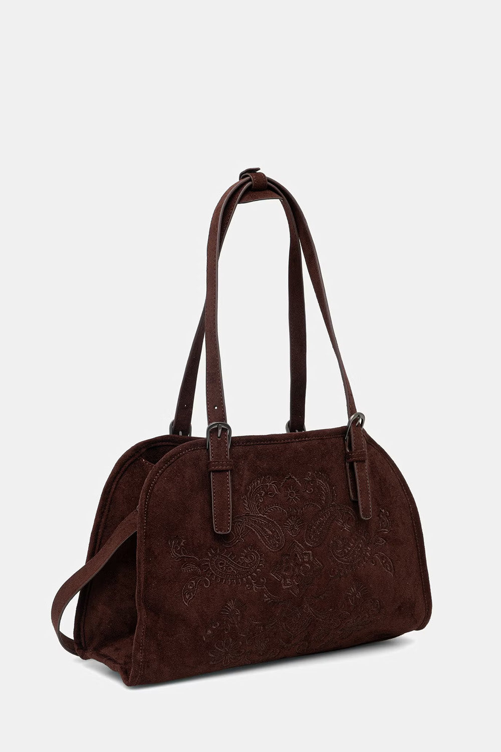 Γυναικεία  τσάντα ώμου suede look με ανάγλυφα κεντημένα μοτίβα και ρυθμιζόμενα χερούλια