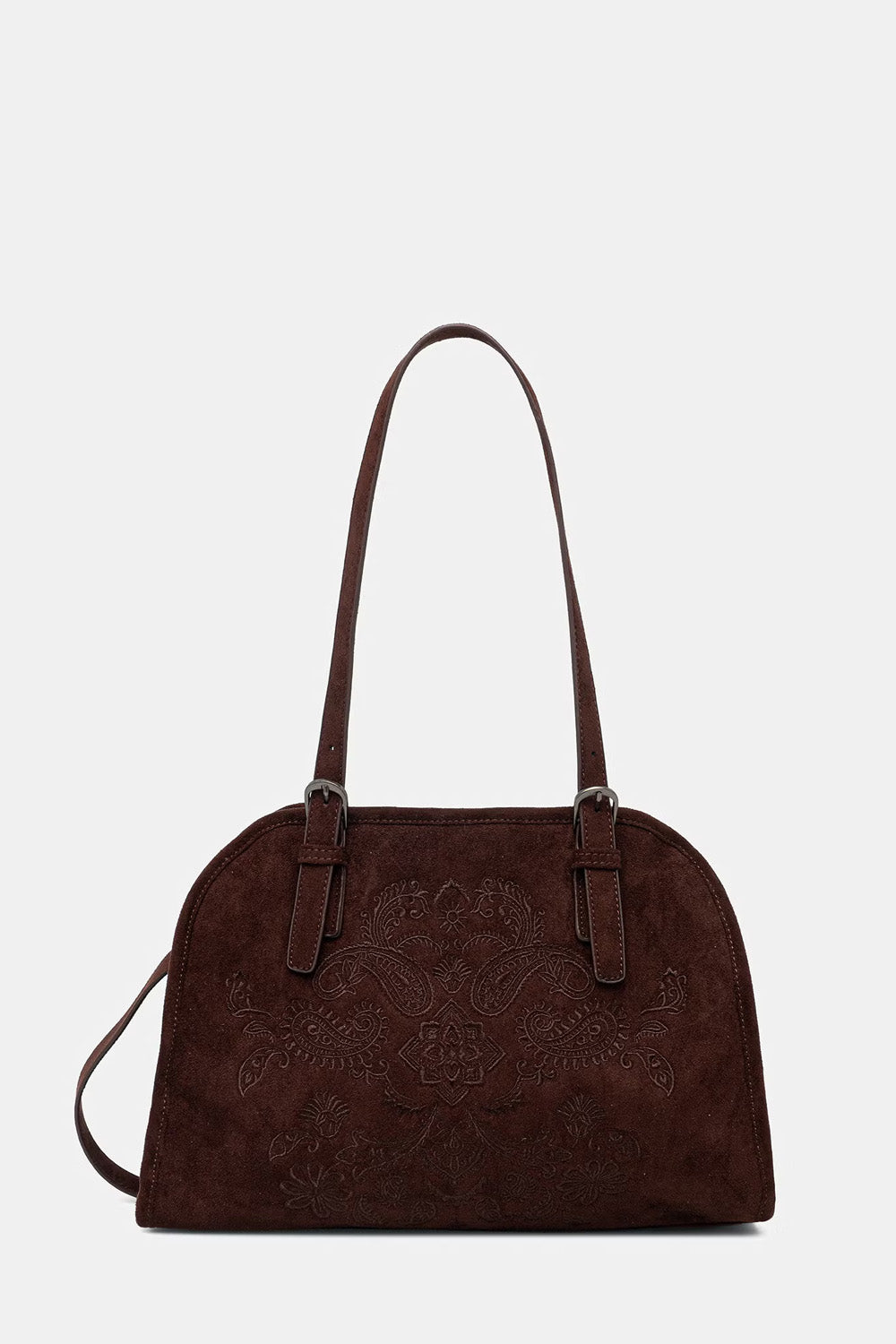 Γυναικεία  τσάντα ώμου suede look με ανάγλυφα κεντημένα μοτίβα και ρυθμιζόμενα χερούλια