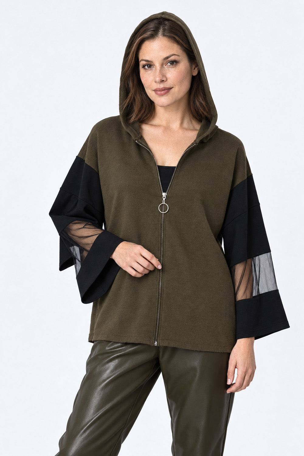 Γυναικεία χακί μαύρη ζακέτα με κουκούλα, cut-out σχέδιο στην πλάτη και διαφανή μανίκια