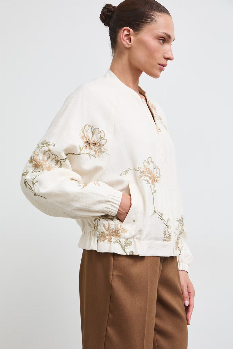 Γυναικείο Bomber Jacket με Floral Κέντημα – Off White