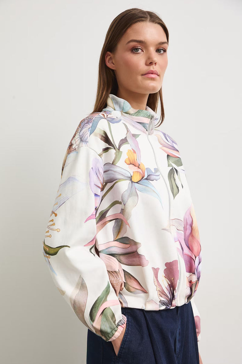 Γυναικείο off white bomber jacket με πολύχρωμο floral print και φερμουάρ μπροστά