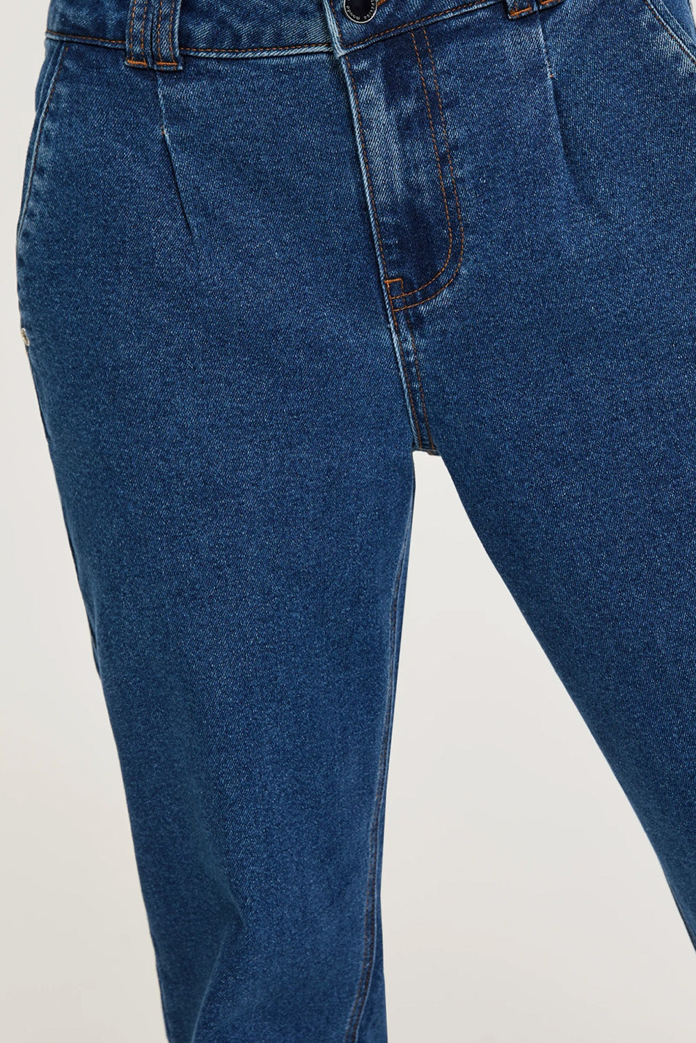 Γυναικείο μπλε jeans παντελόνι ίσιας γραμμής με ρεβέρ