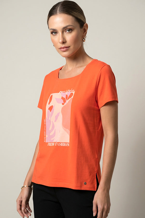 Γυναικείο πορτοκαλί T-shirt με print και κοντό μανίκι, casual μπλούζα με άνετη γραμμή