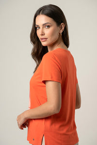 Γυναικείο πορτοκαλί T-shirt με print και κοντό μανίκι, casual μπλούζα με άνετη γραμμή