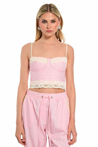 γυναικείο ροζ ριγέ crop top με δαντέλα και τιράντες