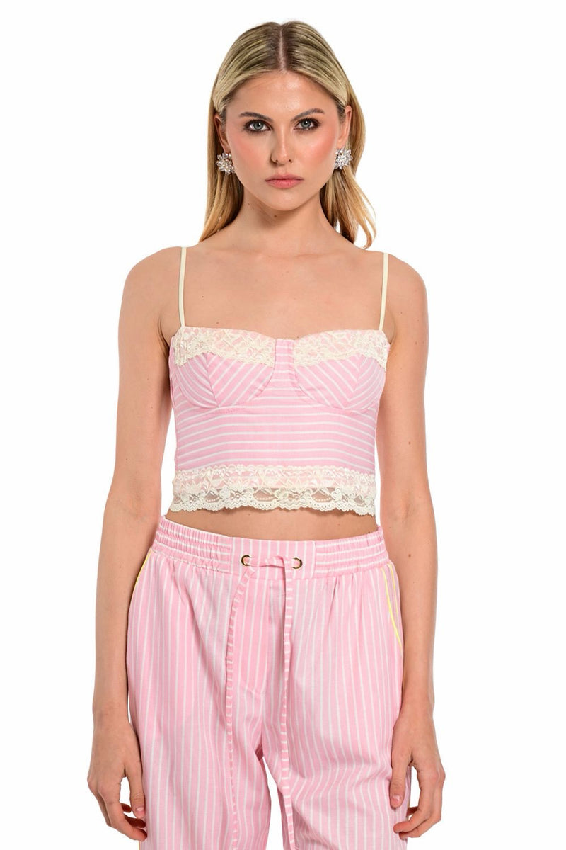 γυναικείο ροζ ριγέ crop top με δαντέλα και τιράντες