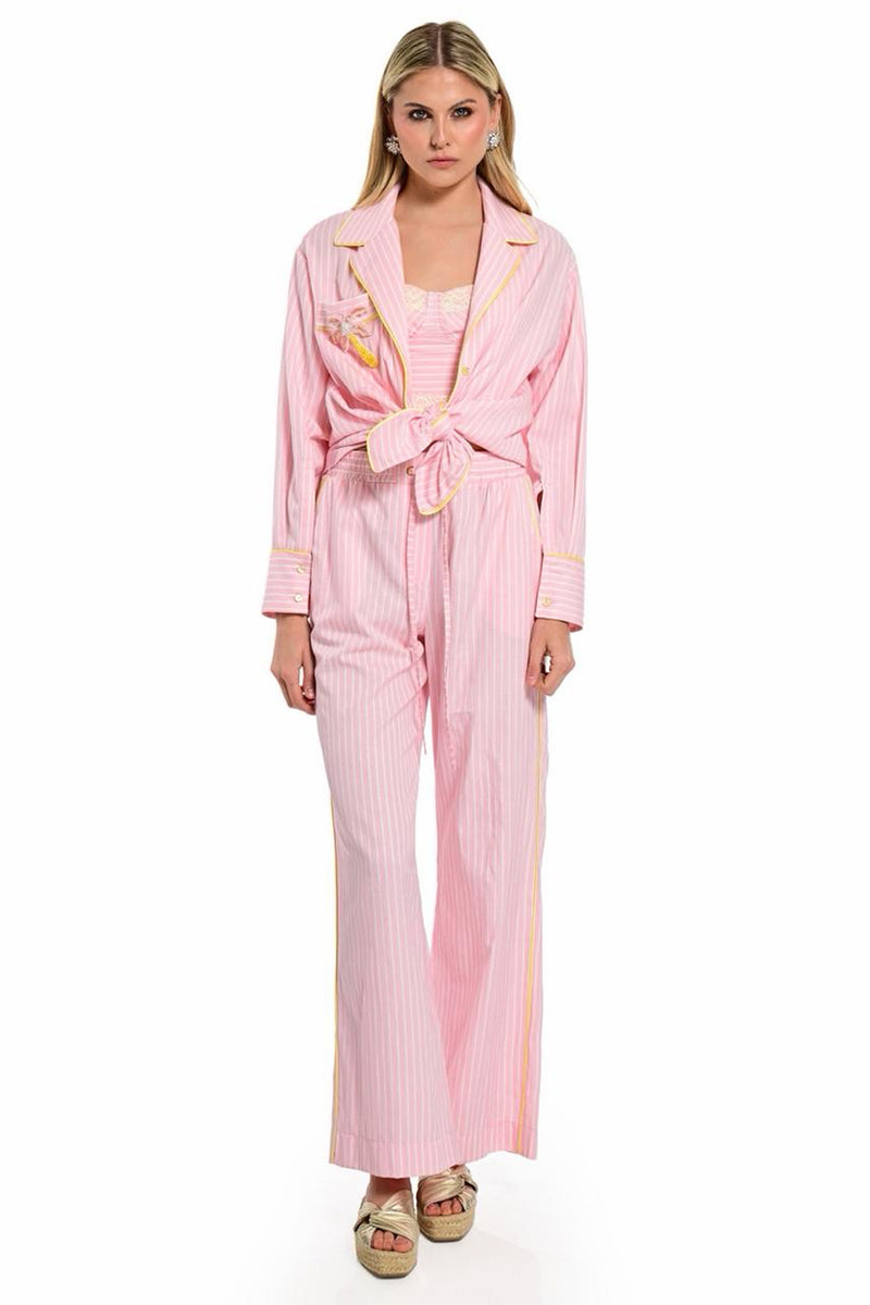 γυναικείο ροζ ριγέ παντελόνι με κορδόνι και άνετη γραμμή