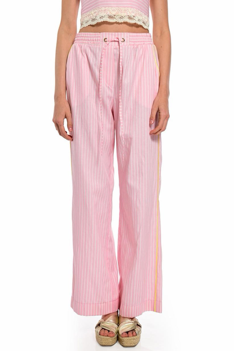 ριγέ παντελόνι ροζ με ελαστική μέση και λεπτομέρεια κορδονιού