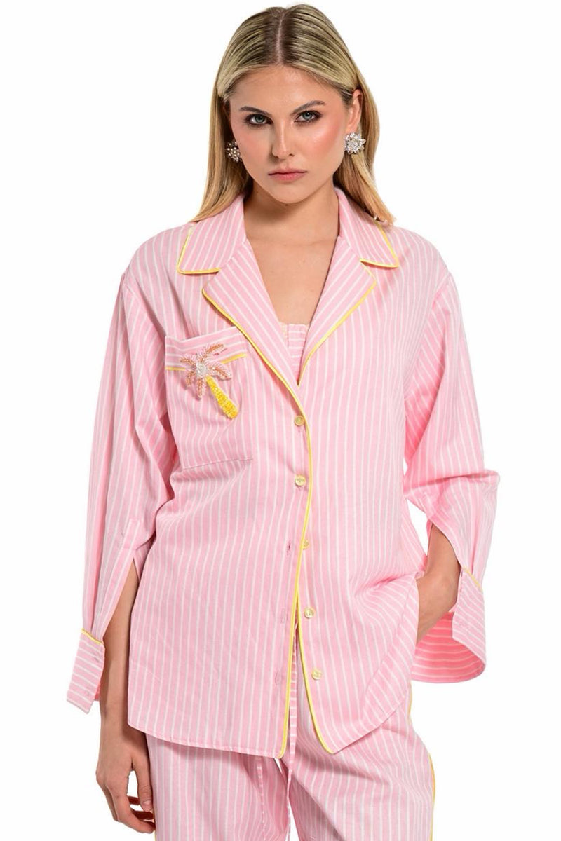 γυναικείο ροζ ριγέ πουκάμισο με κουμπιά και γιακά
