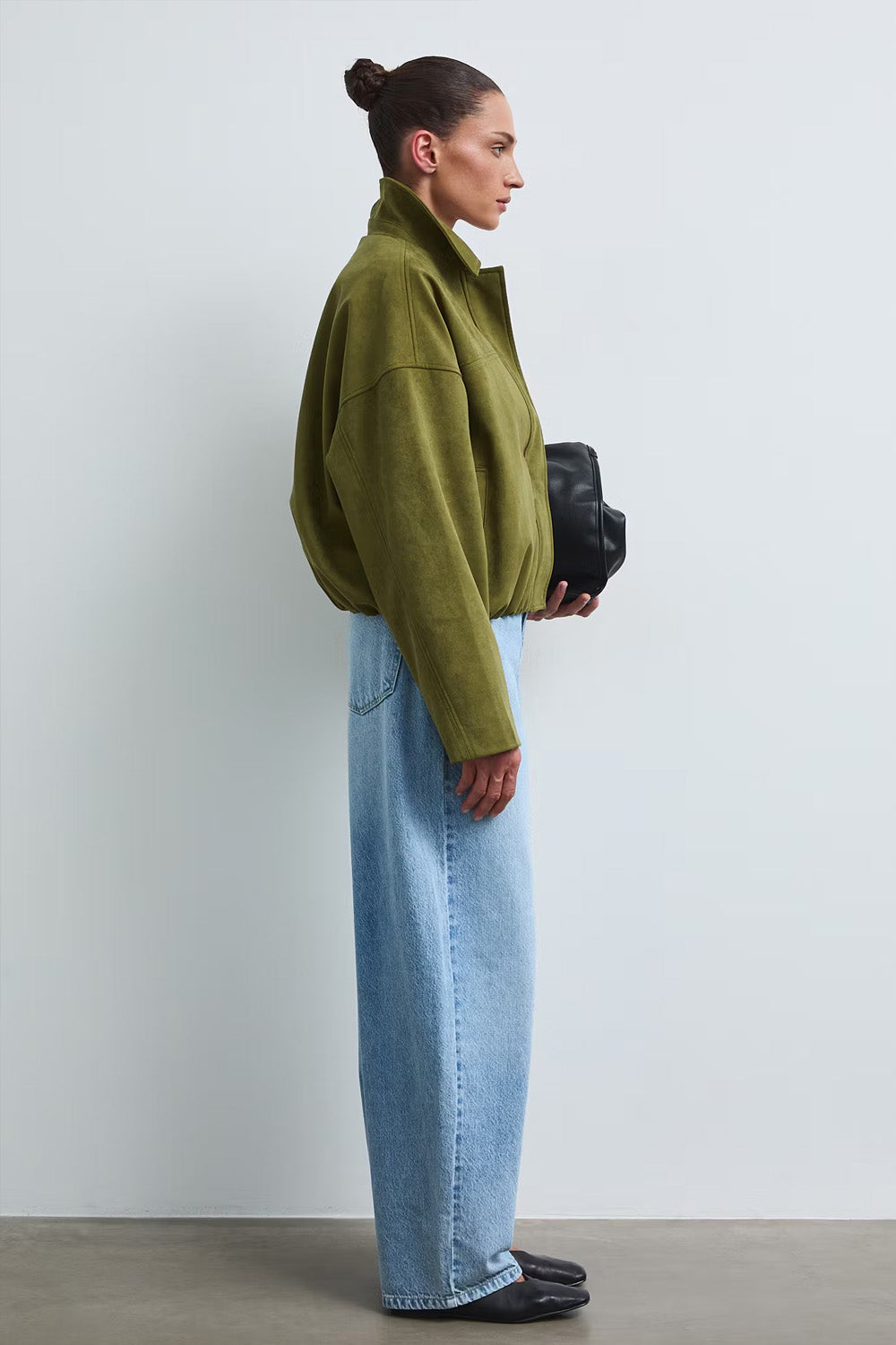 Γυναικείο χακί suede effect bomber jacket με γιακά και χαλαρή γραμμή