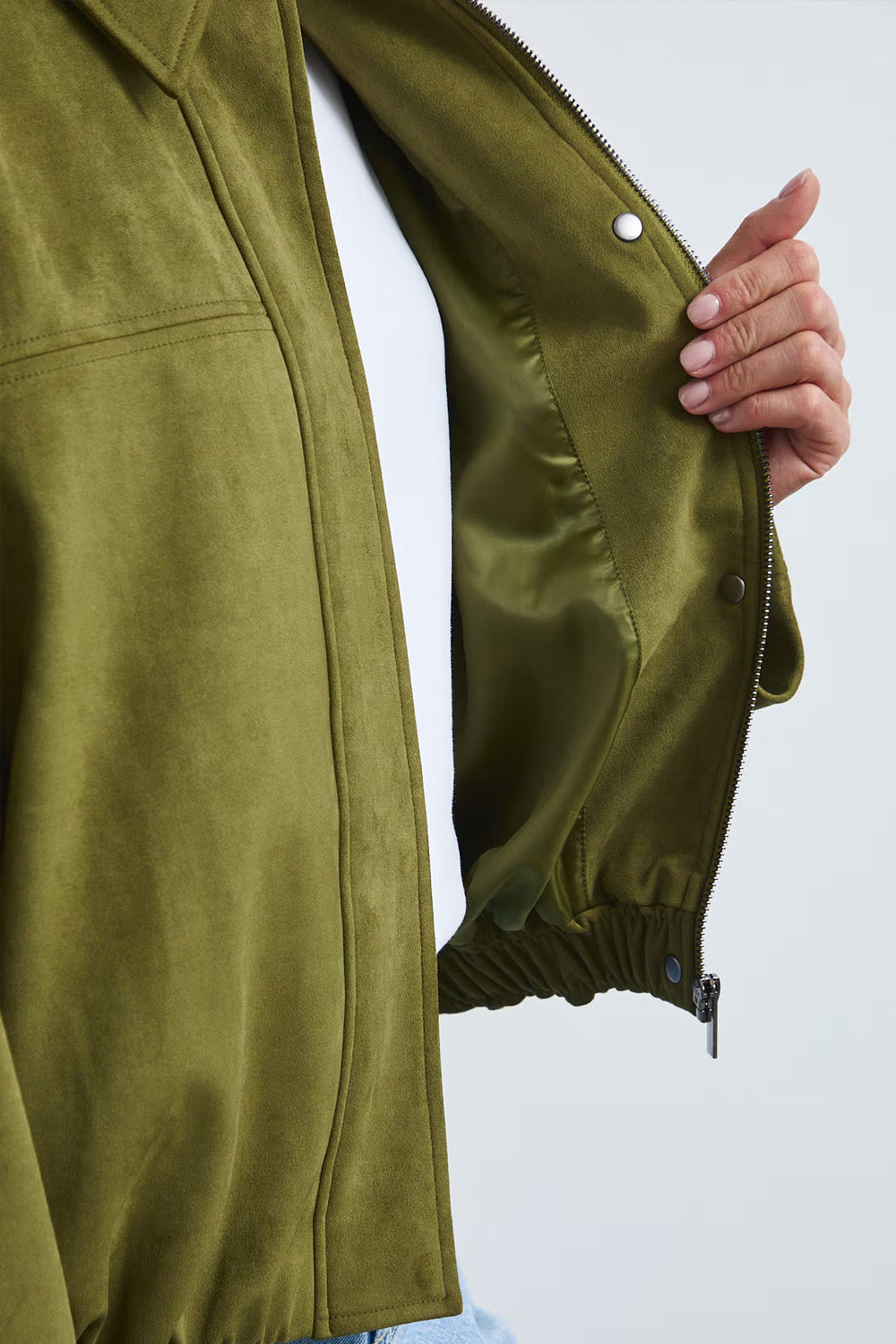 Γυναικείο χακί suede effect bomber jacket με γιακά και χαλαρή γραμμή