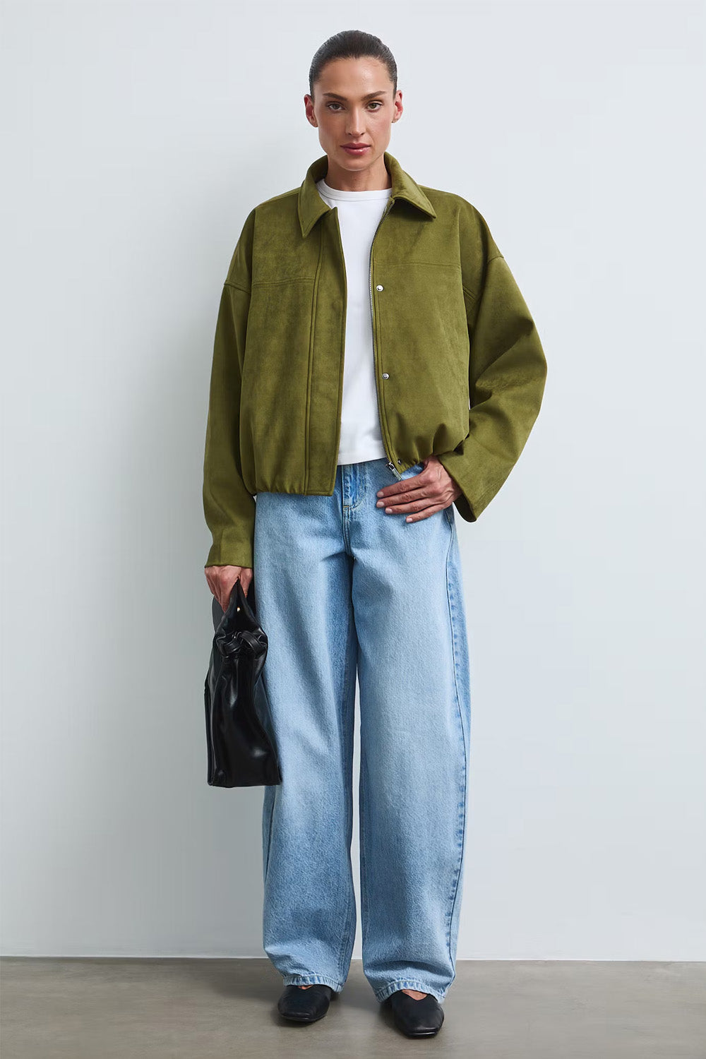 Γυναικείο χακί suede effect bomber jacket με γιακά και χαλαρή γραμμή