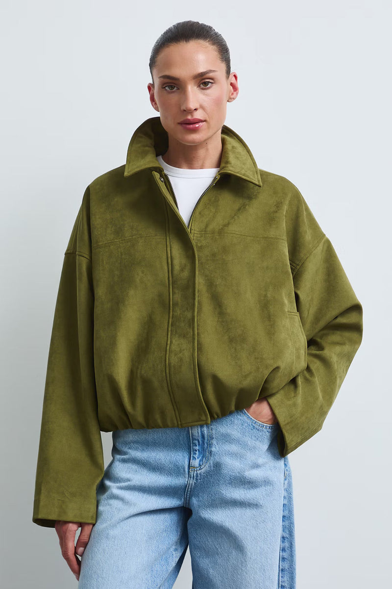 Γυναικείο χακί suede effect bomber jacket με γιακά και χαλαρή γραμμή