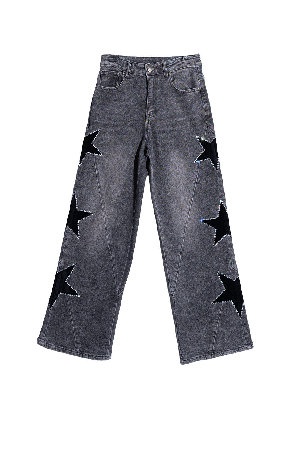 Γυναικείο γκρι wide leg jeans με μαύρα αστέρια και διακοσμητικές λεπτομέρειες strass.