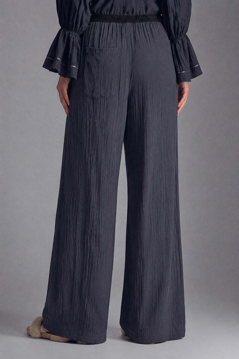 Γυναικείο σκούρο wide leg παντελόνι με ελαστική μέση και ανάγλυφη υφή