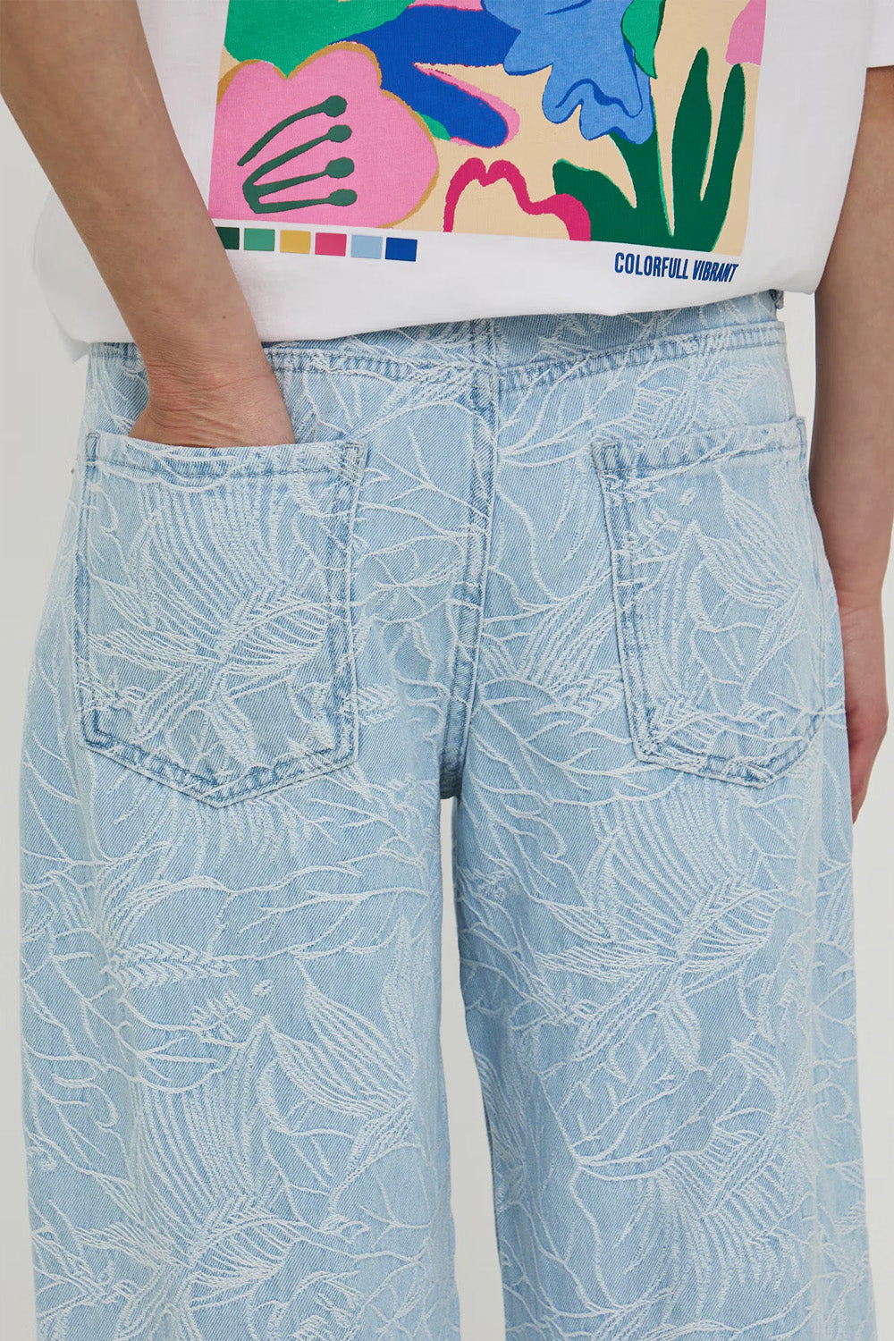 Γυναικείο light blue wide leg τζιν παντελόνι με τονικό floral σχέδιο και μακριά γραμμή
