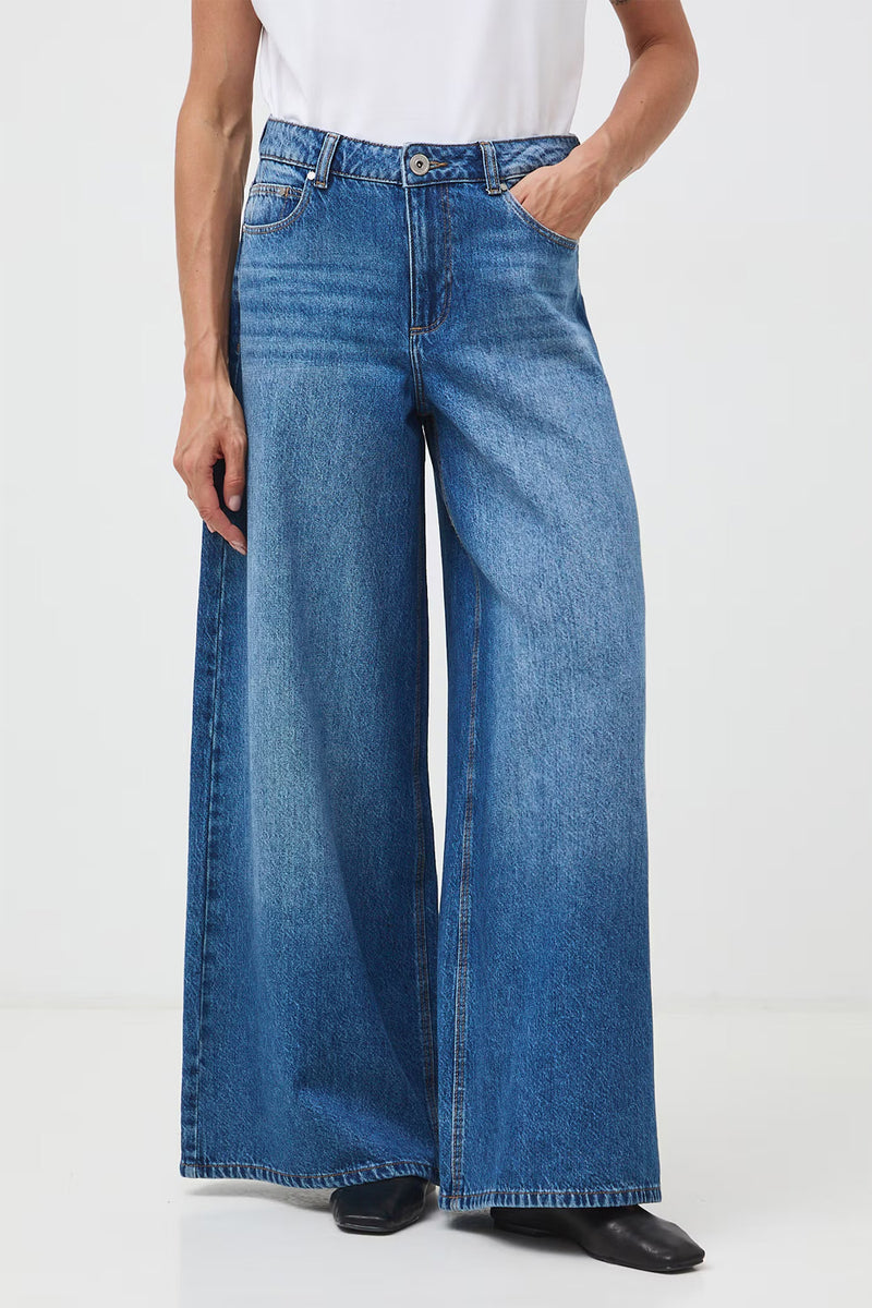 Γυναικείο medium blue wide leg τζιν παντελόνι με φαρδύ μπατζάκι και ψηλή μέση
