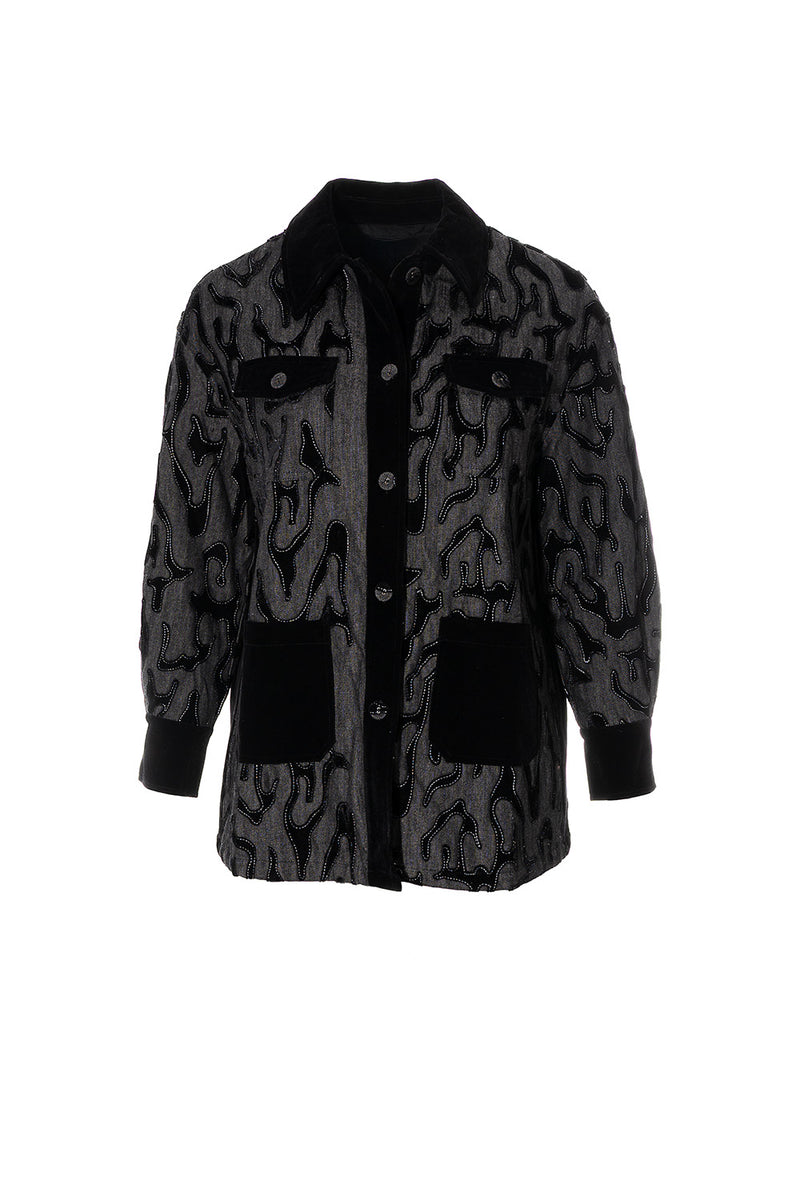 Jacket γκρι-μαύρο με βελούδινες λεπτομέρειες και ανάγλυφο σχέδιο Ellisargi Boutique