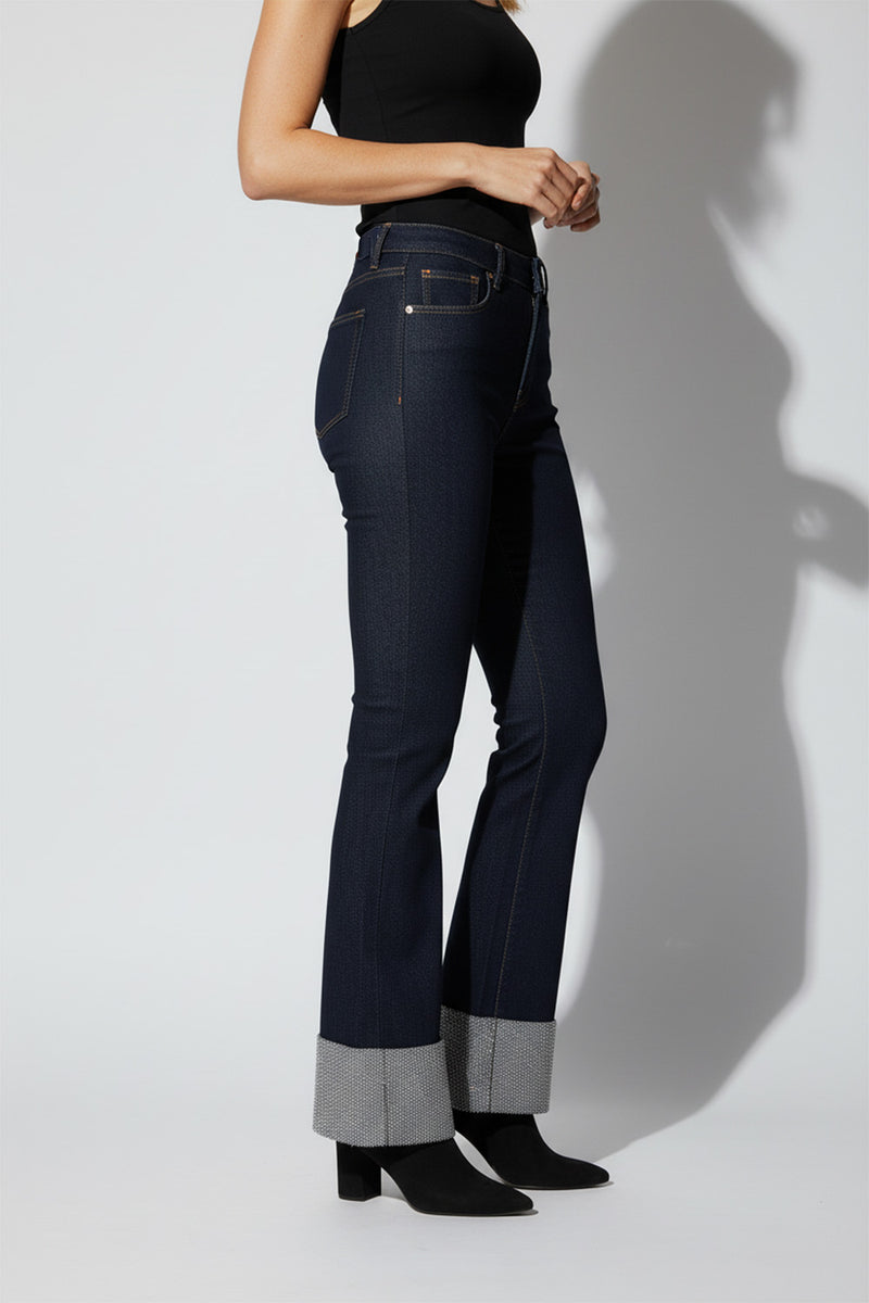 Τζιν καμπάνα σκούρο μπλε με strass ρεβέρ – Ellisargi Boutique