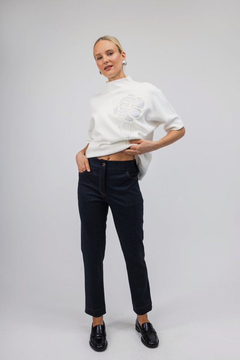 Σκουρό μπλε τζιν παντελόνι ίσιας γραμμής με κουμπί και καφέ ραφές – Ellisargi Boutique