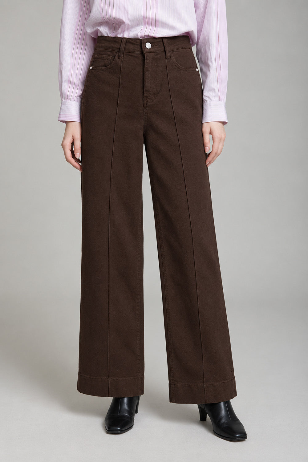 Καφέ Denim Wide Leg Παντελόνι με Ραφές