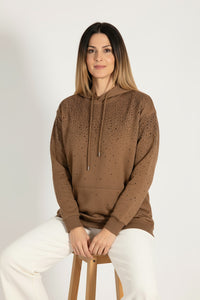 Καφέ φούτερ με κουκούλα και strass