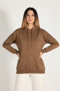 Καφέ φούτερ με κουκούλα και strass