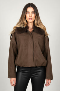 Καφέ κοντό παλτό με γούνα στο γιακά και φερμουάρ μπροστά – Ellisargi Boutique