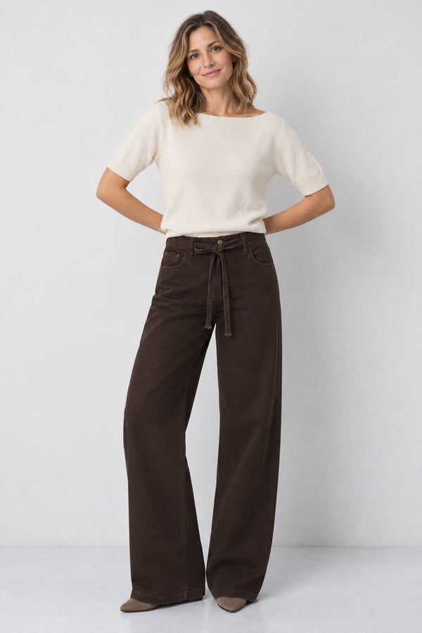 Γυναικείο καφέ ντένιμ παντελόνι wide leg με ζώνη στη μέση