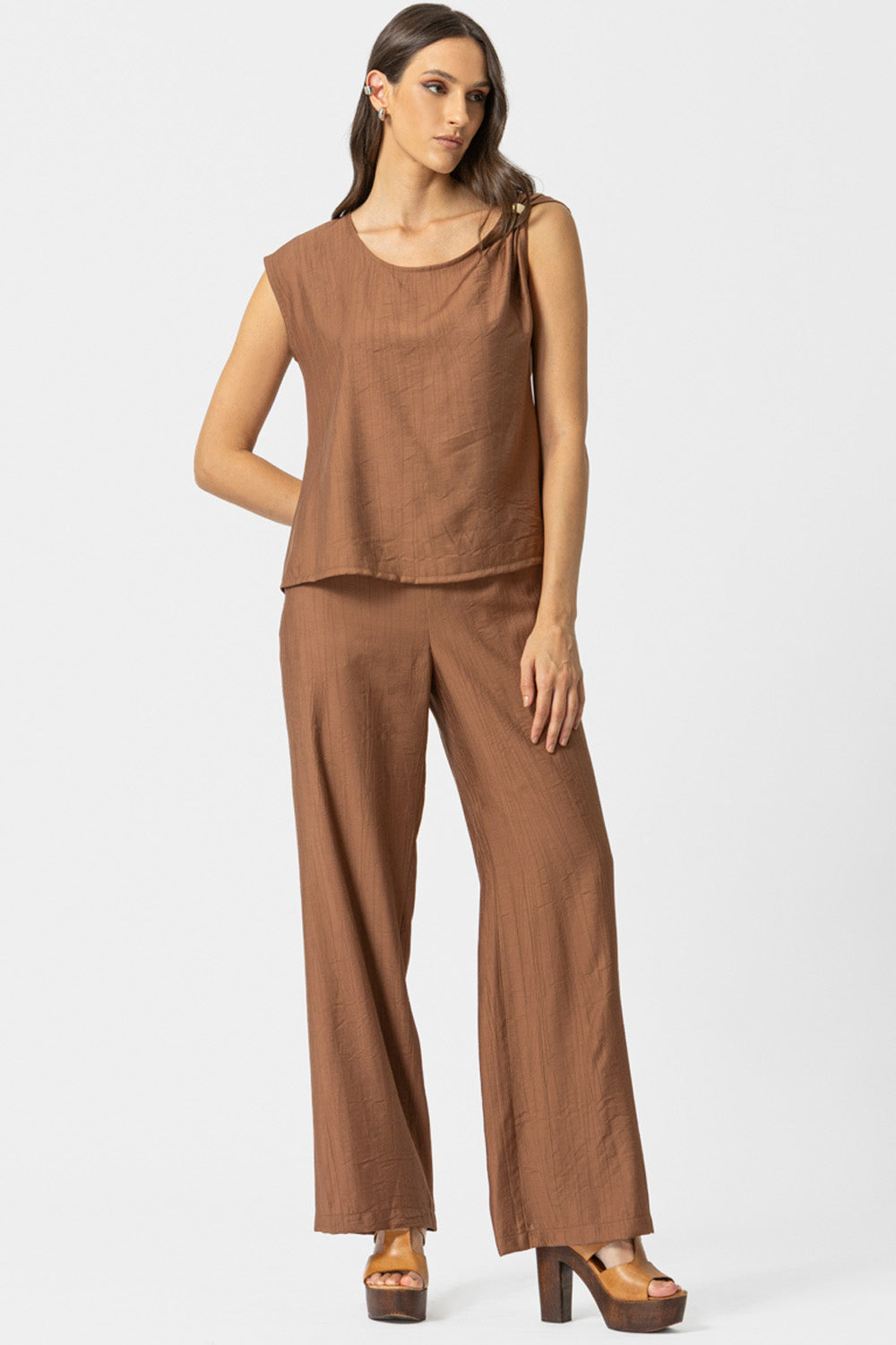 καφέ παντελόνι ίσιας γραμμής με ελαστική μέση