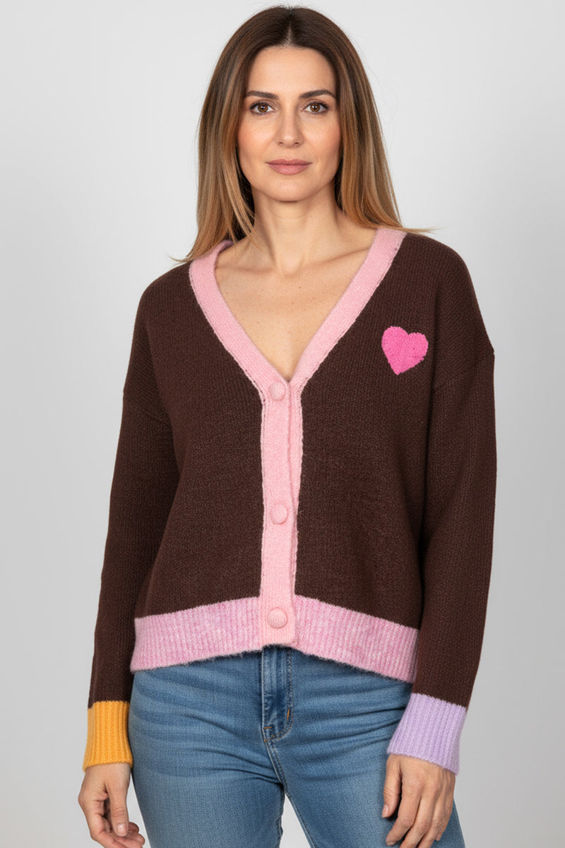 Καφέ πλεκτή ζακέτα Love Los Angeles με ροζ λεπτομέρειες και πολύχρωμες μανσέτες – Ellisargi Boutique