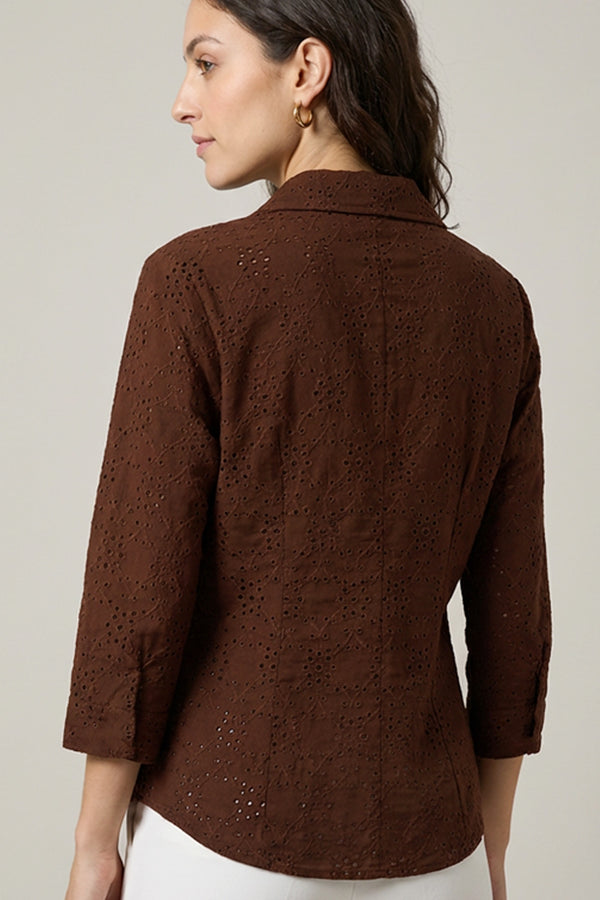 Καφέ πουκάμισο broderie με διάτρητο σχέδιο