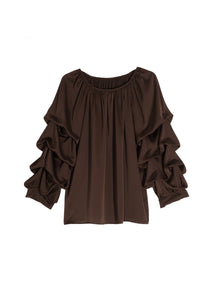 Καφέ σατινέ μπλούζα με βολάν στα μανίκια – Ellisargi Boutique