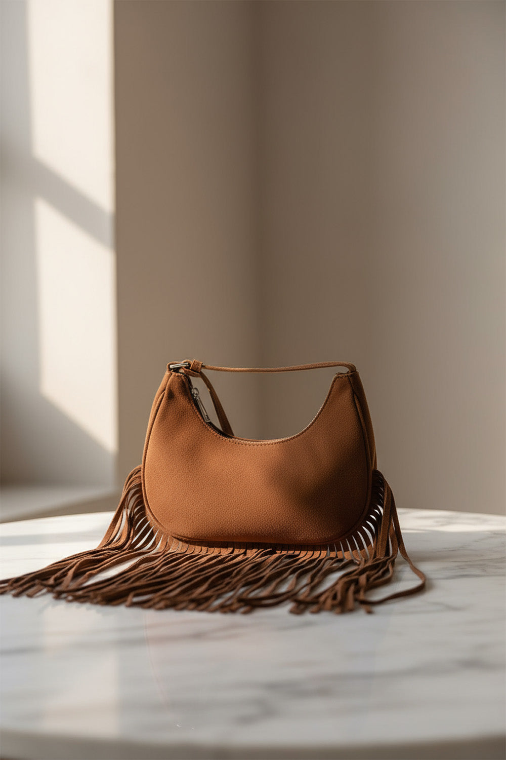 Καφέ σουέτ τσάντα ώμου με κρόσσια από την Ellisargi Boutique. Boho και κομψή επιλογή για κάθε καθημερινή ή βραδινή εμφάνιση.