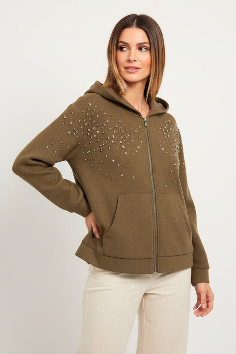 Γυναικεία χακί ζακέτα hoodie με φερμουάρ και διακοσμητικά στρας στο μπροστινό μέρος