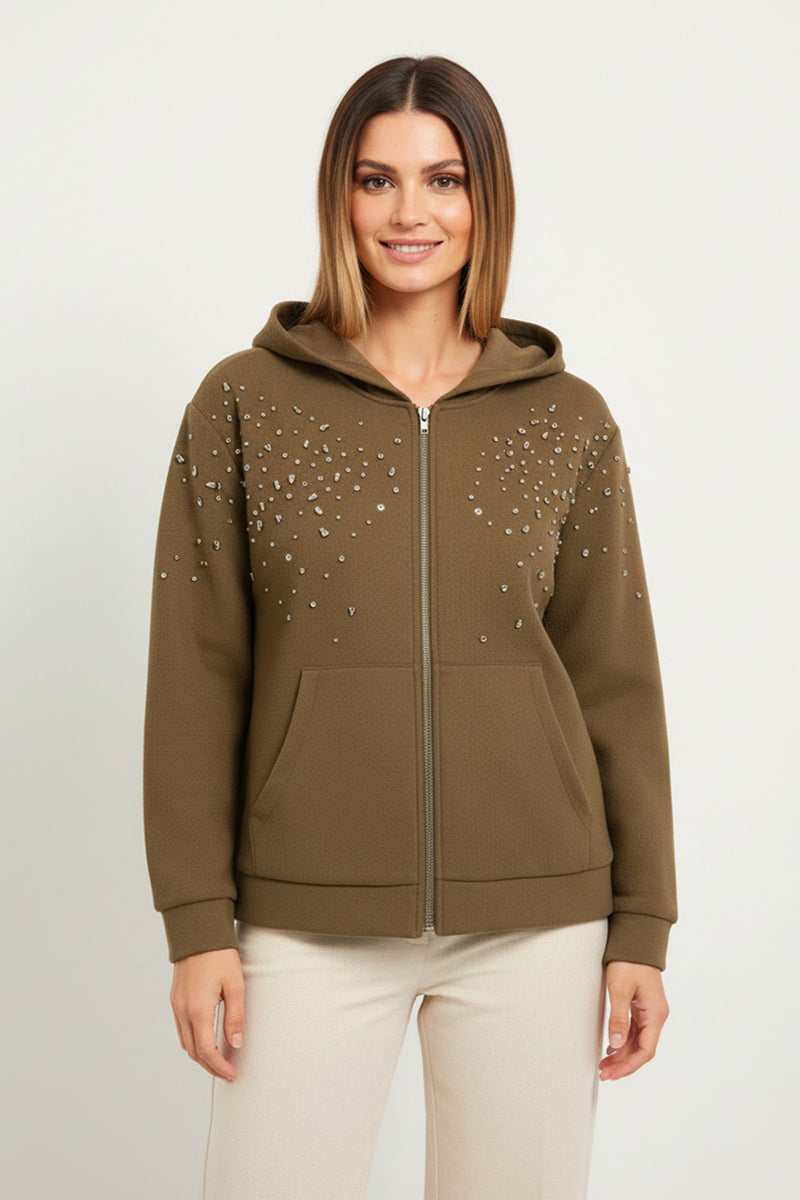 Γυναικεία χακί ζακέτα hoodie με φερμουάρ και διακοσμητικά στρας στο μπροστινό μέρος