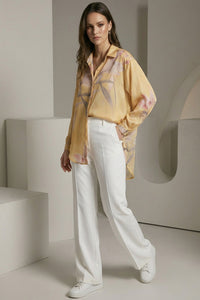 Κίτρινο oversized γυναικείο εμπριμέ πουκάμισο με floral σχέδιο και χαλαρή γραμμή