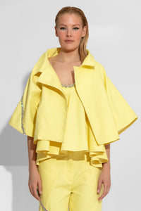 Κίτρινο oversized jacket με 3/4 μανίκια κεντημένα με κρύσταλλα και έντονο πέτο